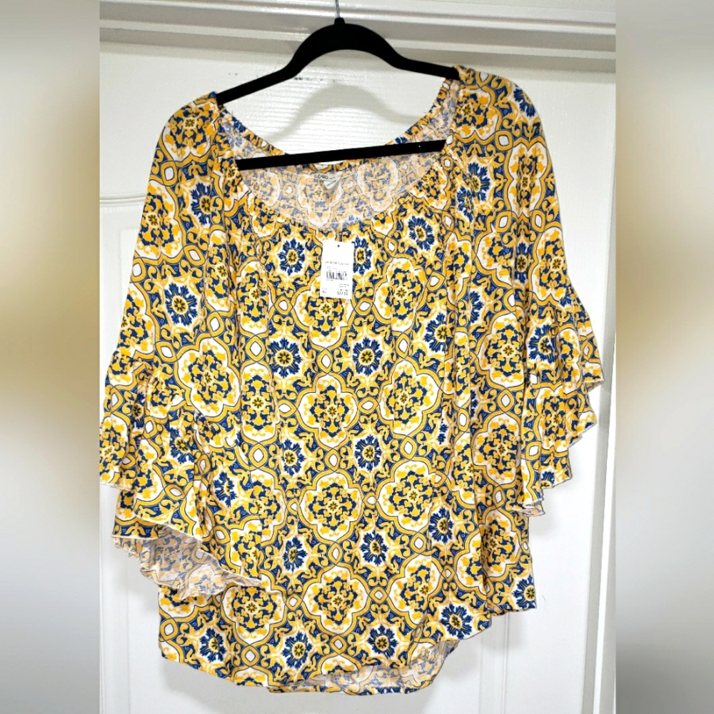Cato (NWT) Blue & Yellow On/Off Shoulder Boho Medallion Print Top Size XL